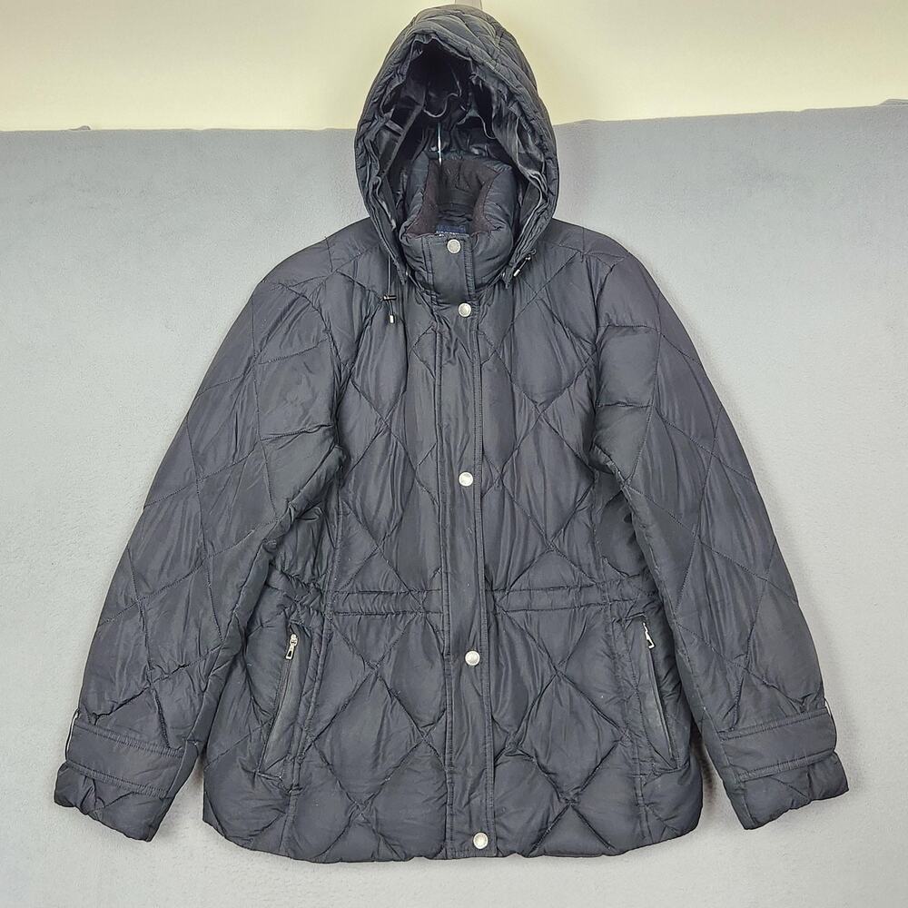 Lands' End Puffer Jacket Womens Large 14-16 Black Hooded Down Quilted Winter